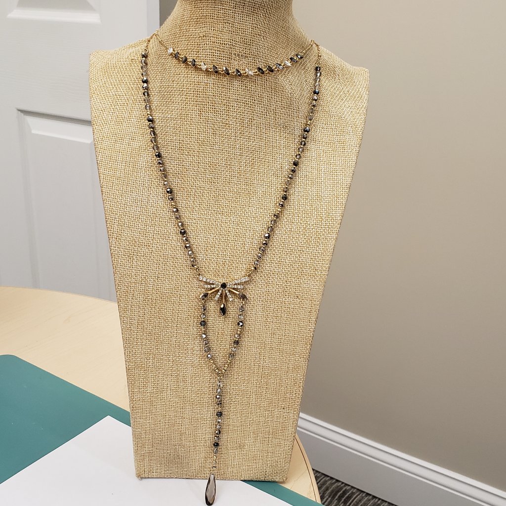 Lonna Lilly Nwt Two Layer Smoky Grey Gold Tone Multi Beaded Y Drop Necklace 30$